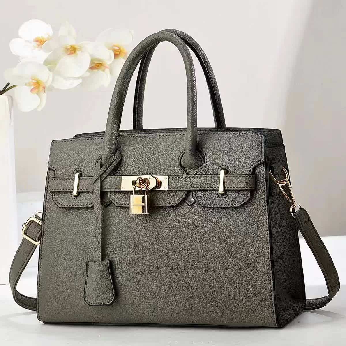 Gray Elegant PU Leather Handbag with Lock Decoration - Structured Tote Bag for Women