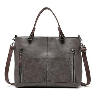Grey Women's Classic PU Leather Tote Bag with Double Handles - Multi-Pocket Shoulder Bag in Black