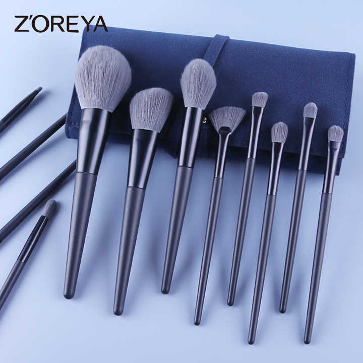 Off White 12-Piece Professional Makeup Brush Set with Cosmetic Bag - Premium Synthetic Fiber, Wooden Handle, Aluminum Tube