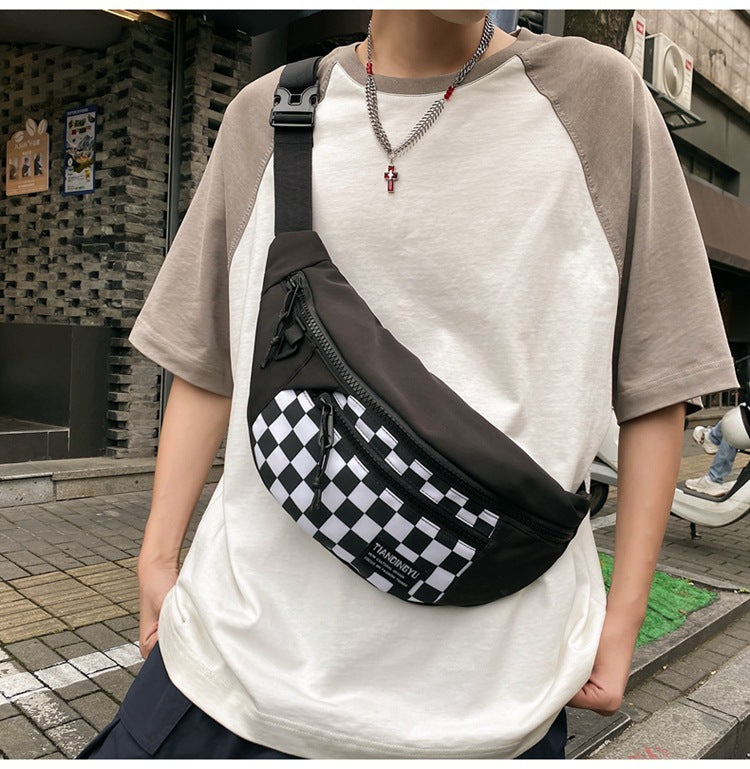 Black Patchwork Black and White Check Trendy Checkered Crossbody Bag - Color-Block Chest Bag for Men and Women, Lightweight Nylon Waist Bag