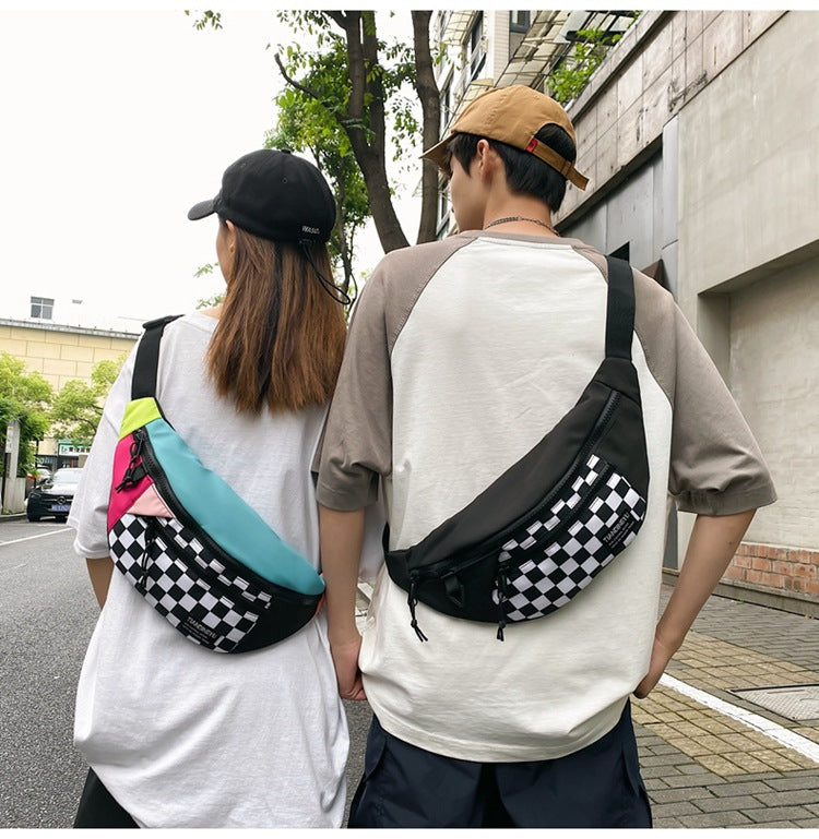 Black Patchwork Black and White Check Trendy Checkered Crossbody Bag - Color-Block Chest Bag for Men and Women, Lightweight Nylon Waist Bag