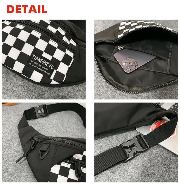 Black Patchwork Black and White Check Trendy Checkered Crossbody Bag - Color-Block Chest Bag for Men and Women, Lightweight Nylon Waist Bag