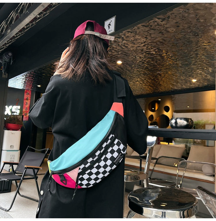 Multi-Coloured Patchwork Black and White Check Trendy Checkered Crossbody Bag - Color-Block Chest Bag for Men and Women, Lightweight Nylon Waist Bag