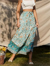 Plus Size Boho Skirt, Women's Plus Paisley Print Ruffle Hem High Rise Pleated Maxi Skirt